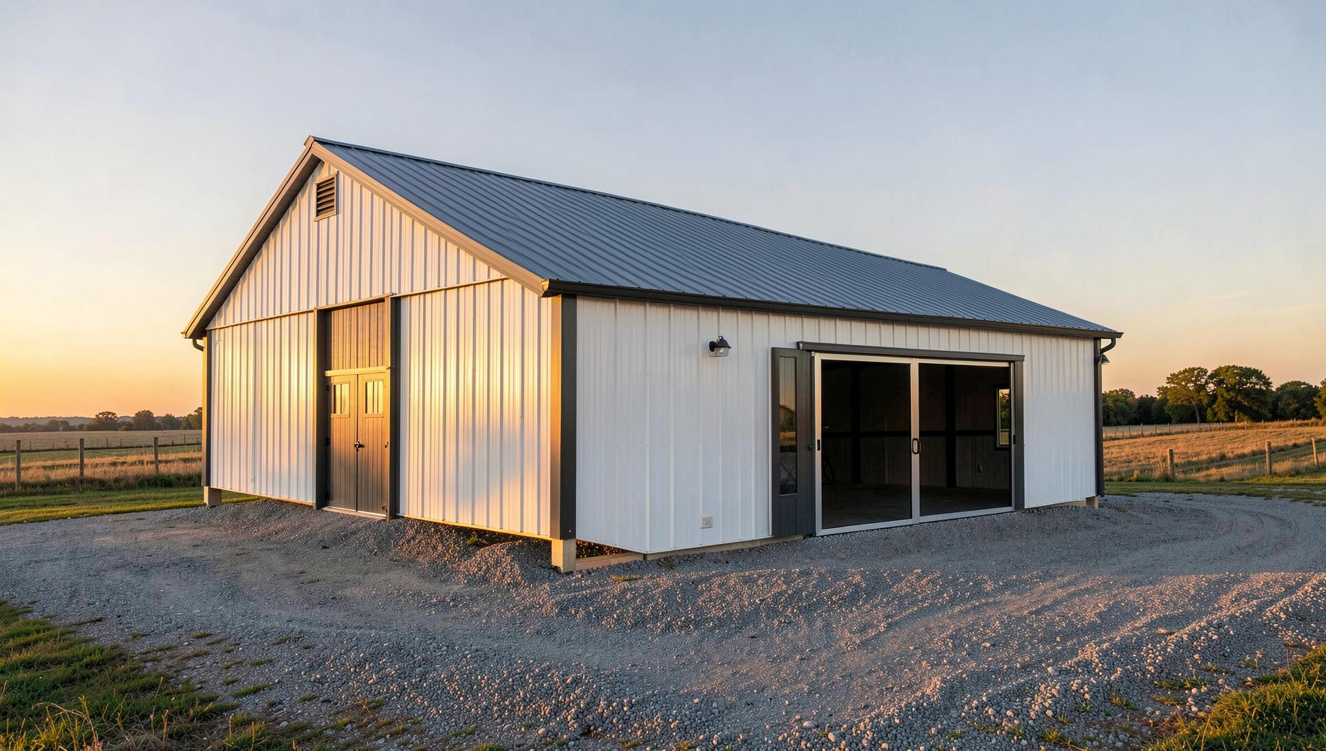 Post-frame pole barn with a metal roof on a rural property at sunset