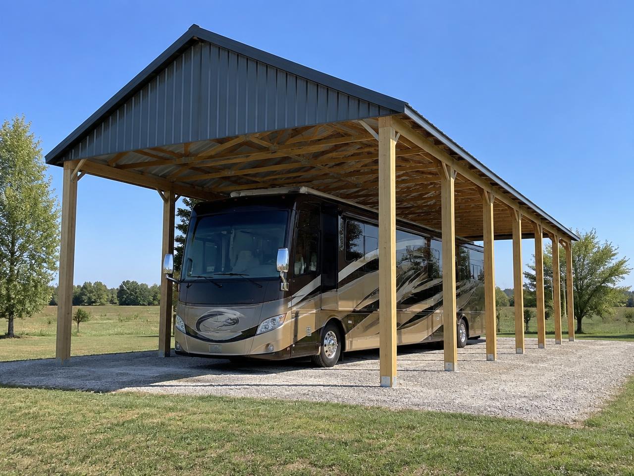 Representative photo of a Class A motorhome parked under a tall post-frame RV cover with a metal roof — placeholder imagery, not an Artisan Pole Barns Inc project