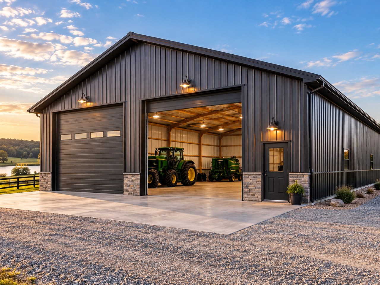 Representative photo of a finished dark metal building with two overhead doors, stone accent pillars, and warm exterior lighting at sunset — placeholder imagery, not an Artisan Pole Barns Inc project